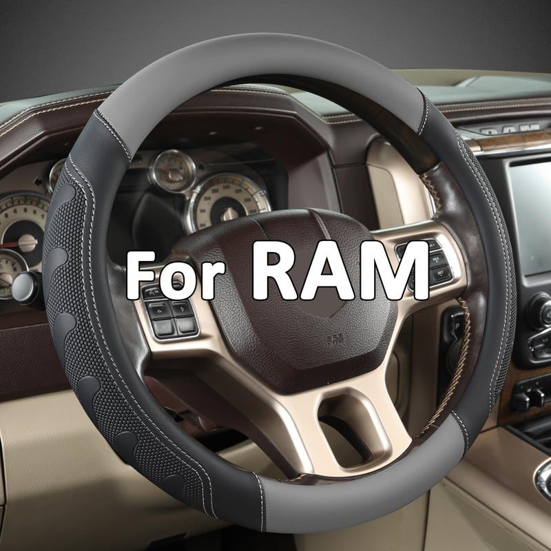 GIANT PANDA Car Steering Wheel Cover for RAM 1500 2500 3500, Compatible with Dodge RAM 15.5-16 inches - Black+Gray - Image 1