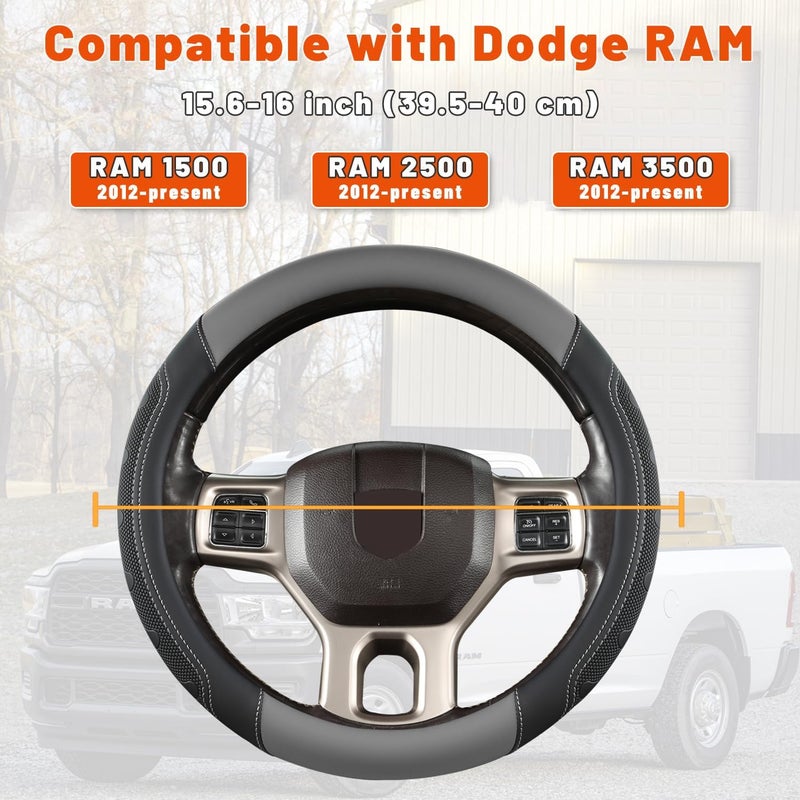 GIANT PANDA Car Steering Wheel Cover for RAM 1500 2500 3500, Compatible with Dodge RAM 15.5-16 inches - Black+Gray - Image 3