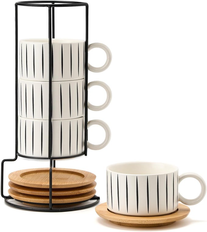 6 OUNCE PORCELAIN STACKABLE ESPRESSO CUPS WITH SAUCERS AND METAL STAND SET OF 4 CERAMIC CAPPUCCINO CUPS SET FOR SPECIALTY COFFEE DRINKS LATTE CAFE MOCHA AND TEA STRIPES WHITE