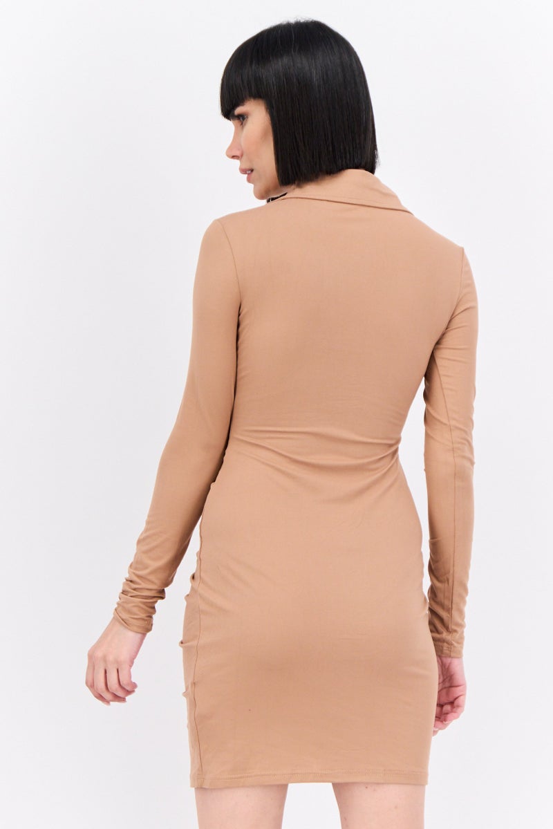 BRAVE SOUL Women Ruched Mini Dress, Beige - Image 3