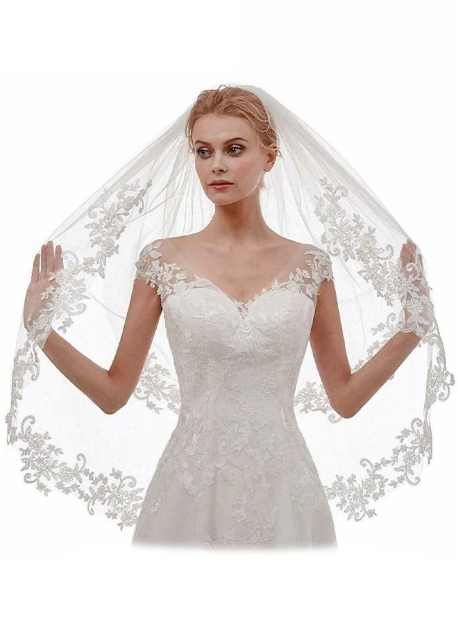 Women's Short Lace Wedding Bridal Veil With Comb 90cm White Ivory Embroidered Applique Veil for Bridal - Image 3