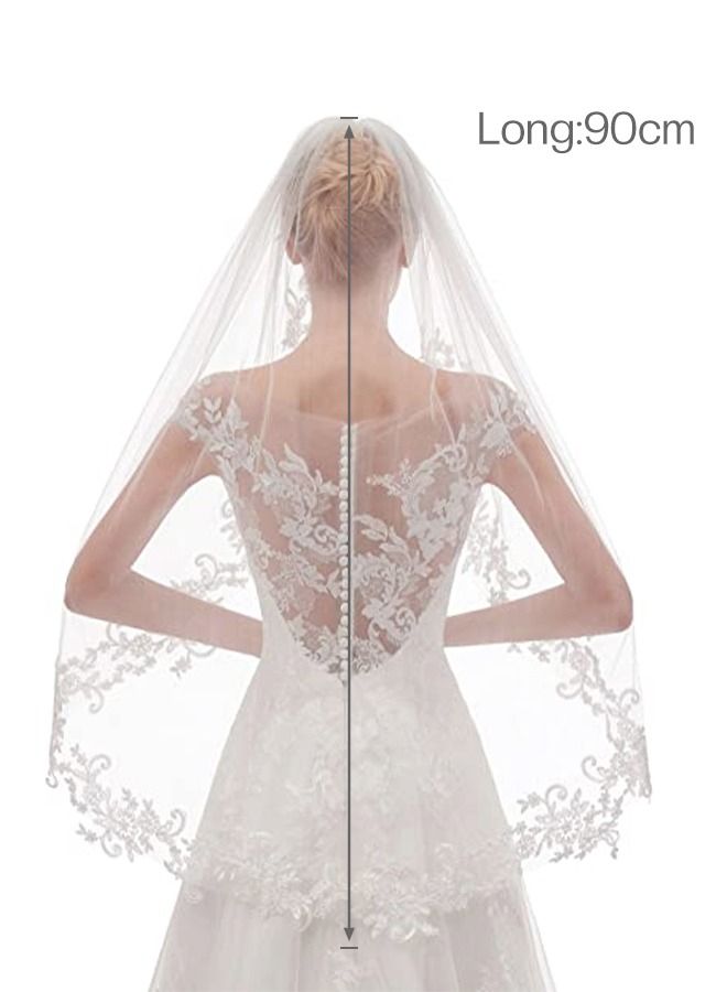 Women's Short Lace Wedding Bridal Veil With Comb 90cm White Ivory Embroidered Applique Veil for Bridal - Image 5