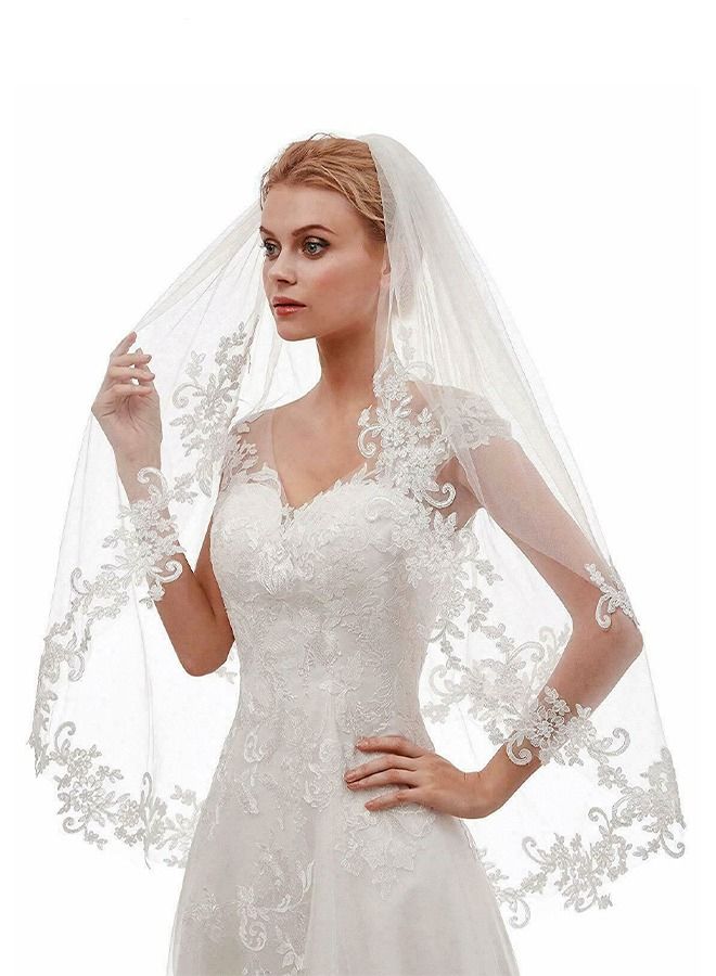 Women's Short Lace Wedding Bridal Veil With Comb 90cm White Ivory Embroidered Applique Veil for Bridal - Image 2