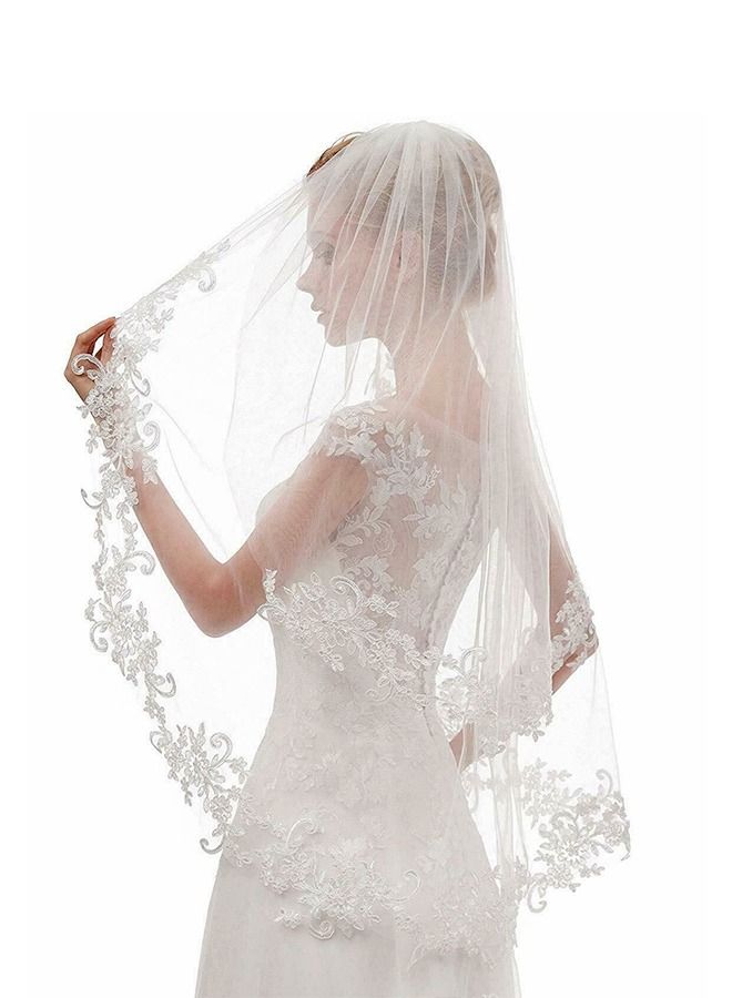 Women's Short Lace Wedding Bridal Veil With Comb 90cm White Ivory Embroidered Applique Veil for Bridal - Image 1