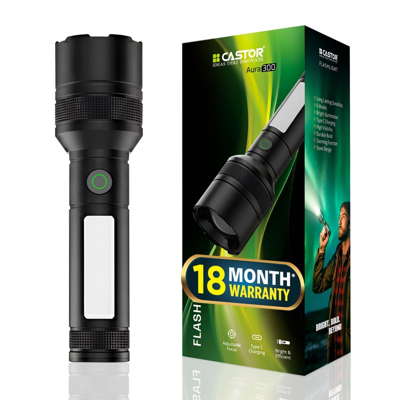 IBELL Castor AURA300 Rechargeable Torch Light High Power, 6 Light Modes, Telescopic Zoom, Type C Charging, LED Flashlight, Super Bright & Long Distance Range, for Home, Outdoor & Emergency Use (Black) - Image 2