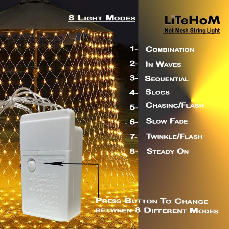 Litehom copper LED Net Mesh String Lights Diwali Lights LED Lights for Home Decoration 98Ft X 66Ft 192 LEDs 8 Modes 3X2 Meter Warm White Net Mesh - Image 3