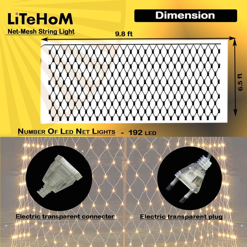 Litehom copper LED Net Mesh String Lights Diwali Lights LED Lights for Home Decoration 98Ft X 66Ft 192 LEDs 8 Modes 3X2 Meter Warm White Net Mesh - Image 2