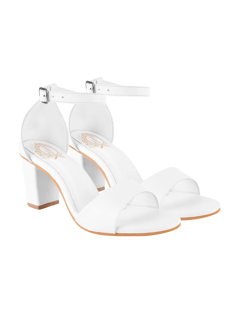 Shoetopia Stylish Ankle Strap White Block Heeled Sandals For Women & Girls - Image 1