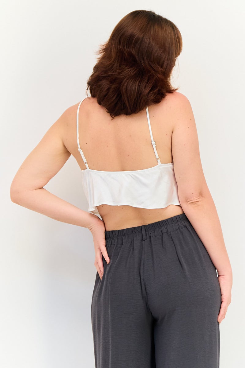 Bershka Women Halter Neck Sleeveless Plain Tank Tops, White - Image 3