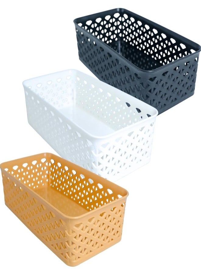 MORVI Stanza -1 Multi-Purpose Plastic Storage Basket|Stackable Organizer Tokri For Home,Kitchen,Bathroom & Office|Ideal For Toys,Clothes,Cosmetics,Stationery|Set Of 3|Black Peach White - Image 1