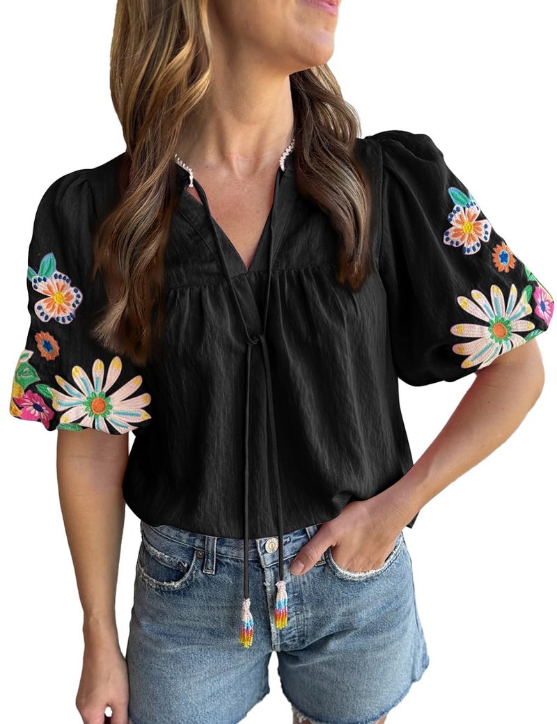 Ecosunny Women's Boho Embroidered Tops V Neck Floral Short Puff Sleeve Casual Shirts Loose Tunic Summer Blouses Fashion 2026 A-black - Image 1