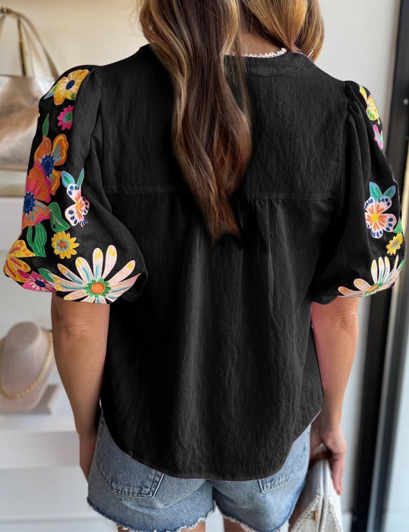 Ecosunny Women's Boho Embroidered Tops V Neck Floral Short Puff Sleeve Casual Shirts Loose Tunic Summer Blouses Fashion 2026 A-black - Image 2