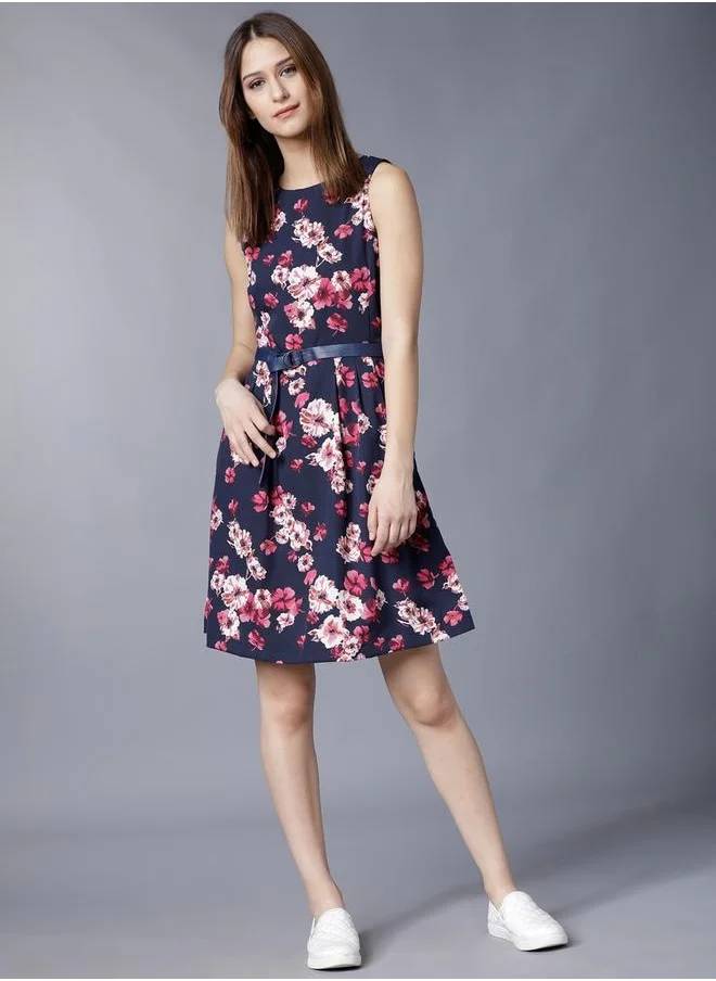 Tokyo Talkies All-Over Floral Print Peated Round Neck Mini Dress