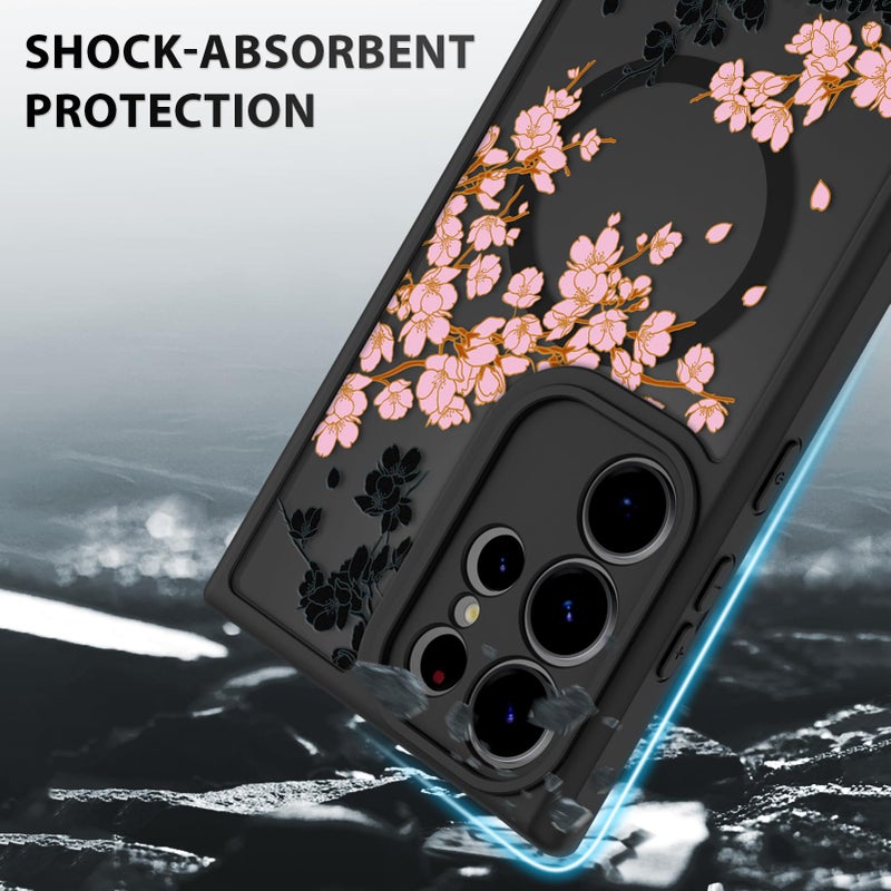 OOK Case Fit for Samsung Galaxy S23 Ultra 6.8 Inch (Wireless Charging Compatible) Pink Floral Flowers Design Translucent Phone Cover Soft TPU + Hard PC Anti-Scratch Shockproof Magnetic Case for Women - Image 4