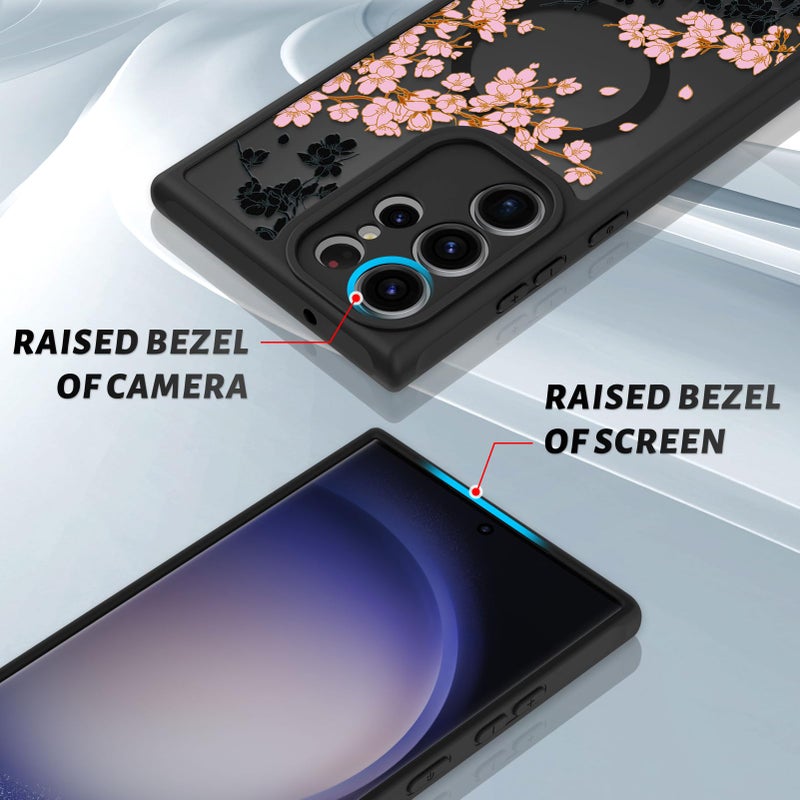 OOK Case Fit for Samsung Galaxy S23 Ultra 6.8 Inch (Wireless Charging Compatible) Pink Floral Flowers Design Translucent Phone Cover Soft TPU + Hard PC Anti-Scratch Shockproof Magnetic Case for Women - Image 3