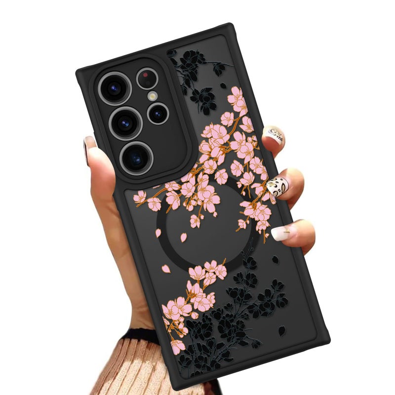 OOK Case Fit for Samsung Galaxy S23 Ultra 6.8 Inch (Wireless Charging Compatible) Pink Floral Flowers Design Translucent Phone Cover Soft TPU + Hard PC Anti-Scratch Shockproof Magnetic Case for Women - Image 1