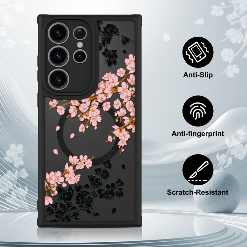 OOK Case Fit for Samsung Galaxy S23 Ultra 6.8 Inch (Wireless Charging Compatible) Pink Floral Flowers Design Translucent Phone Cover Soft TPU + Hard PC Anti-Scratch Shockproof Magnetic Case for Women - Image 5