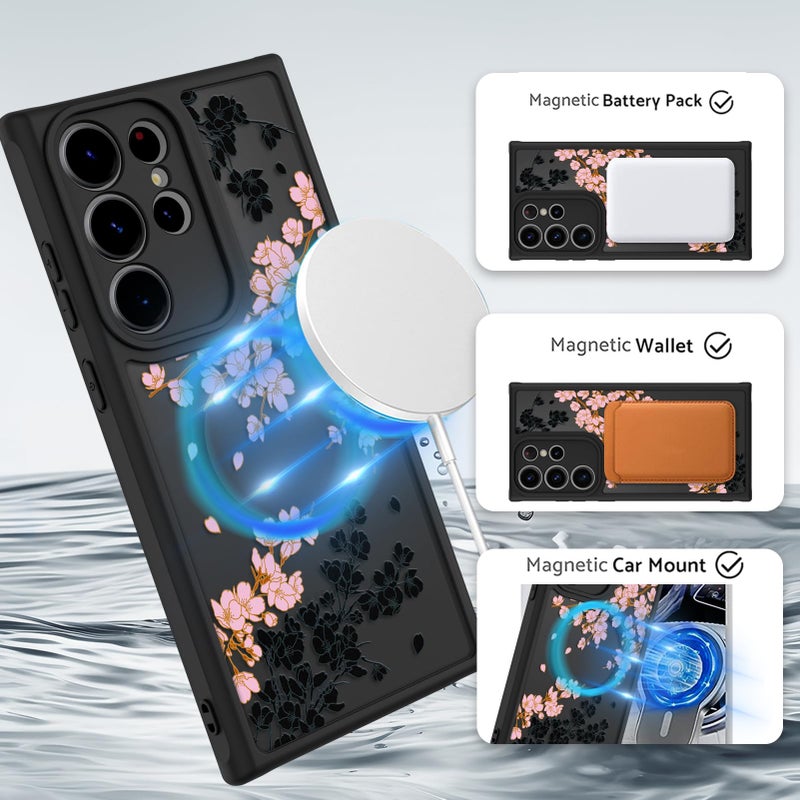 OOK Case Fit for Samsung Galaxy S23 Ultra 6.8 Inch (Wireless Charging Compatible) Pink Floral Flowers Design Translucent Phone Cover Soft TPU + Hard PC Anti-Scratch Shockproof Magnetic Case for Women - Image 2