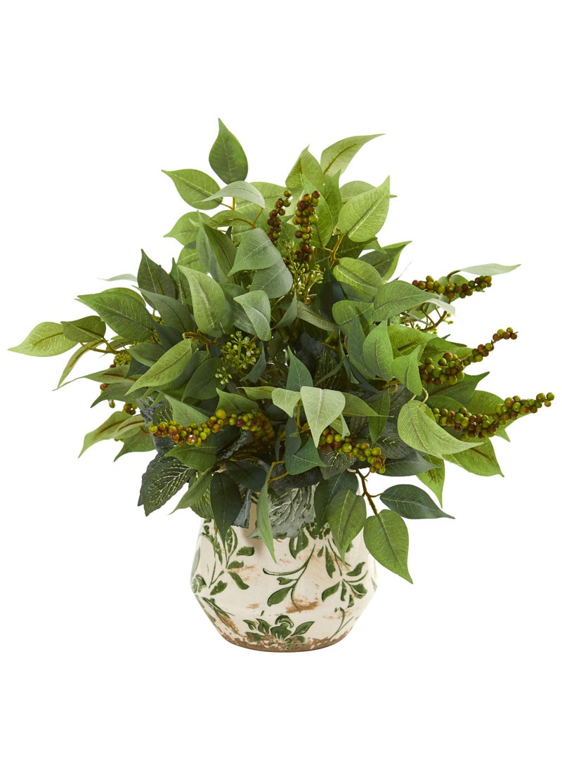 Nearly Natural Nearly Natural Mixed Ficus Fittonia and Berries Artificial Plant in Floral Vase 