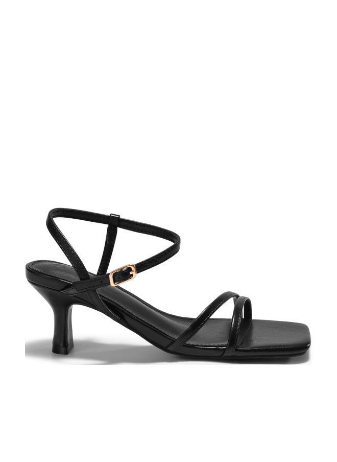 Coutgo Womens Strappy Low Kitten Heels Square Open Toe Sandals Ankle Strap Comfortable Summer Dressy Shoes, Black, Size 8 - Image 1
