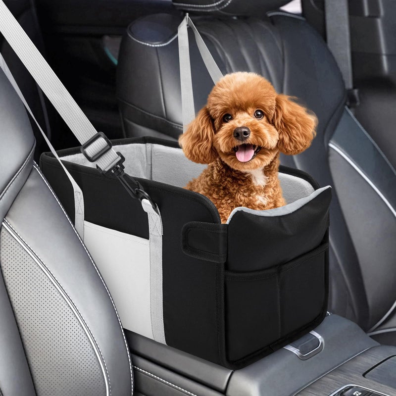 NECKORY Portable Dog Car Seat for Small Dogs, Booster Seat with Safety Leash & Washable Cushion, Pet Car Seat with Adjustable Straps for Travel - Black&White - Image 1