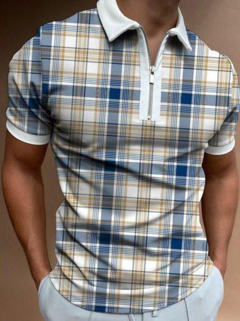 European and American foreign trade cross-border 3D digital printing pattern men's lapel short-sleeved zipper men's casual polo shirt PL-DX73 S - Image 1