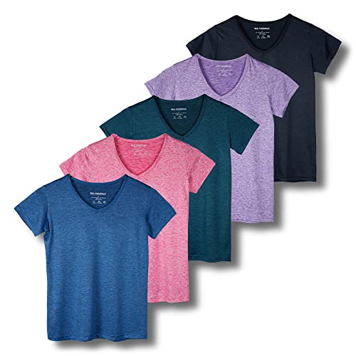 REALESSENTIALS Real Essentials 5 Pack: Women's Dry Fit Short Sleeve V Neck Workout Top - Fitness Pilates Gym Athletic Yoga T-Shirt (Plus Available), Set 7, XL - Image 1