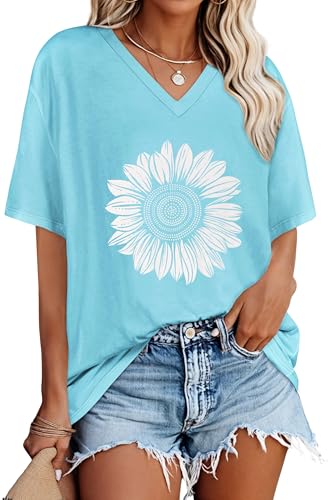 rosemia Oversized Tshirts for Women V Neck Short Sleeve Summer Casual Basic Loose Tops, Blue White Sunflower, XL - Image 1