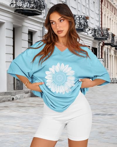rosemia Oversized Tshirts for Women V Neck Short Sleeve Summer Casual Basic Loose Tops, Blue White Sunflower, XL - Image 4