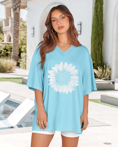 rosemia Oversized Tshirts for Women V Neck Short Sleeve Summer Casual Basic Loose Tops, Blue White Sunflower, XL - Image 5