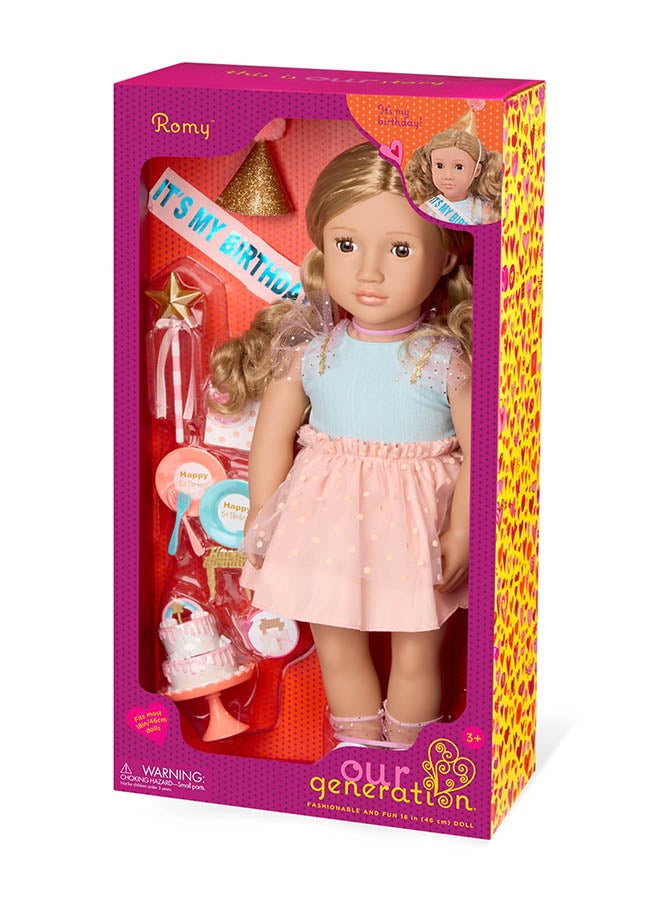 Our Generation Fashionable 18-inch Birthday Party Girl Doll with Birthday Party Accessories, Gifting Toys, Age 6+ years, Character-Romy - Image 1