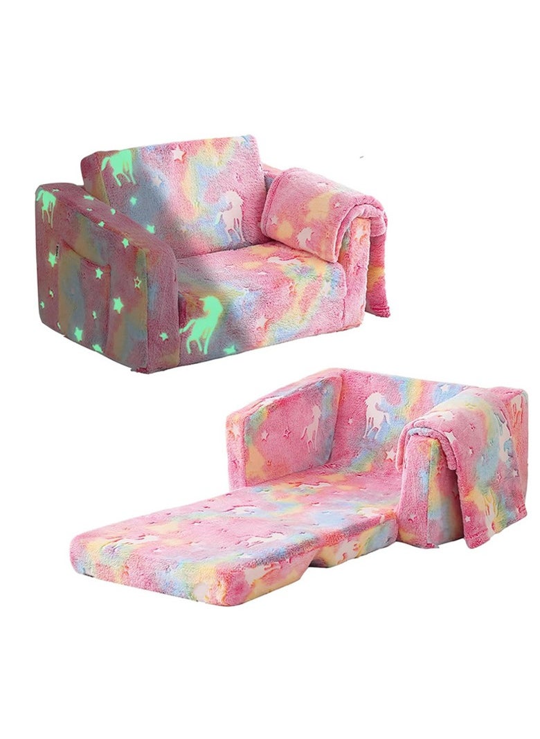 Generic Glow in The Dark Extra Soft Open Couch 2-in-1 Toddler Soft Couch Fold Out Glow in Dark Convertible Plush Foam Chair Star Glow in The Dark Toddler Couch for Playroom Bedroom  - Image 1