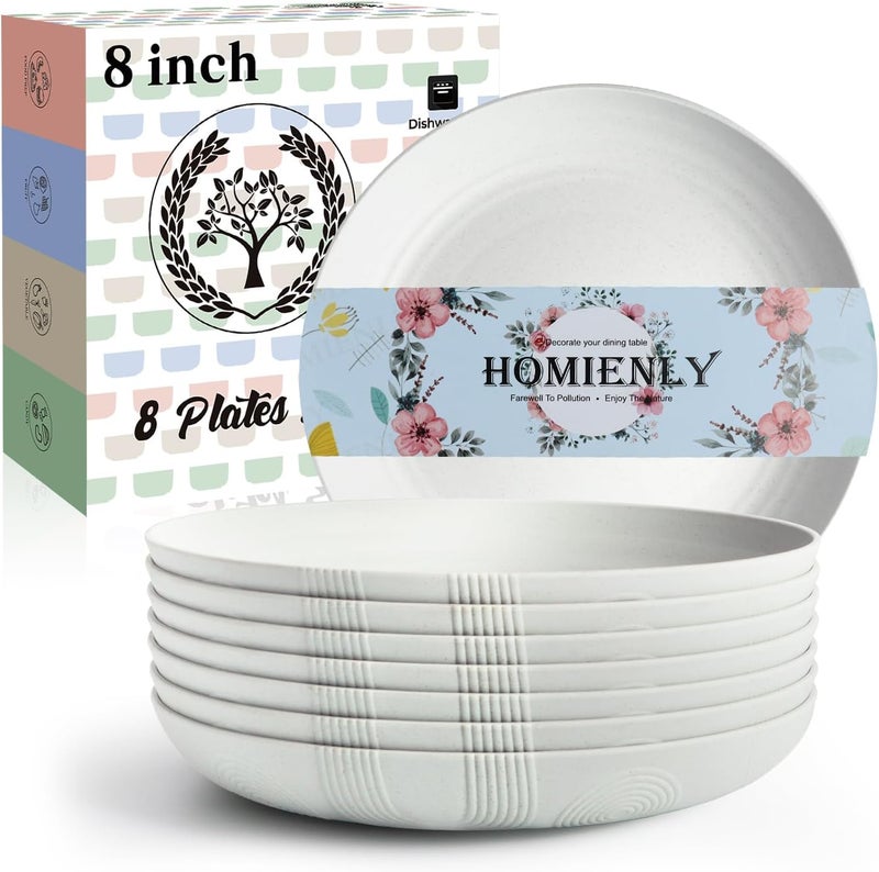 Homienly Wheat Straw Plates 8 Inch Dessert Plates Set of 8 Unbreakable White Round Plate  Alternative to Plastic Plates Lightweight Microwave and Dishwasher Safe Plate Set for Camping  White - Image 1