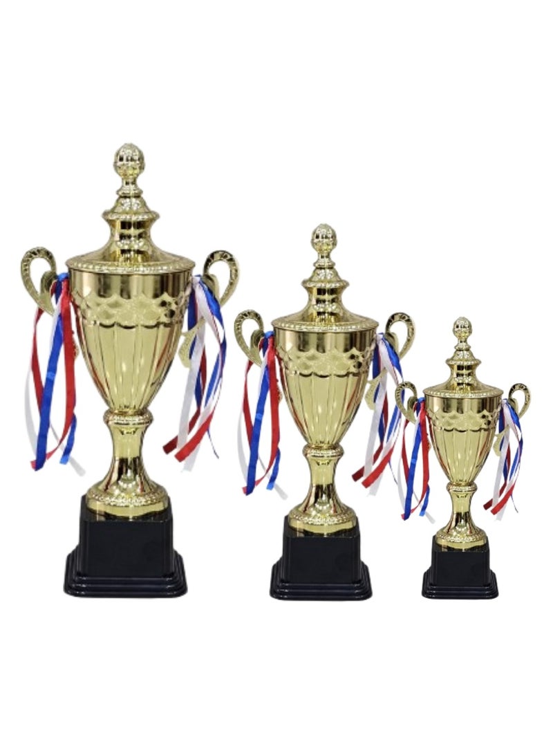 سبال مجموعة من ٣ كؤوس ذهبية معدنية من الحديد - ٥٣ سم، ٤٨ سم، ٤٢ سم | جوائز مميزة للفعاليات الرياضية والبطولات ودوريات كرة القدم والتعاون الجماعي - Image 1