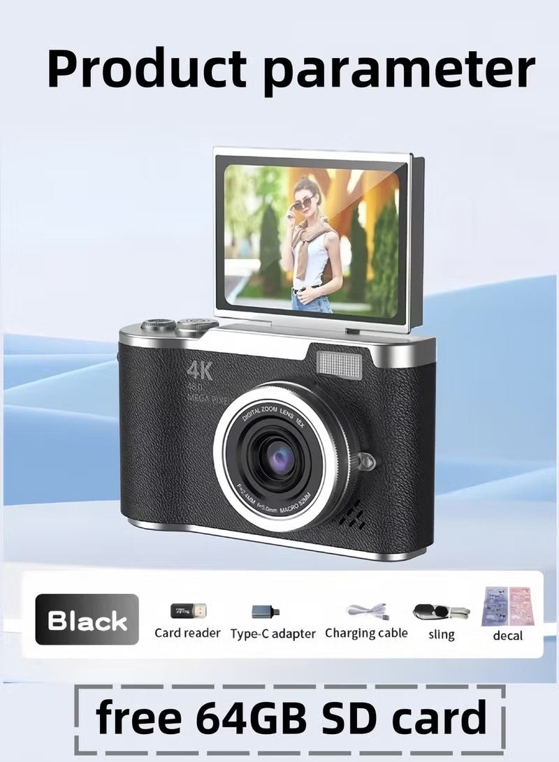 Generic Digital Camera with 64GB SD card, Point and Shoot Digital Cameras CCD Digital Zoom Student 48MP Portable Digital Photography Camera 180° Flip Screen Selfie Camera - Image 2