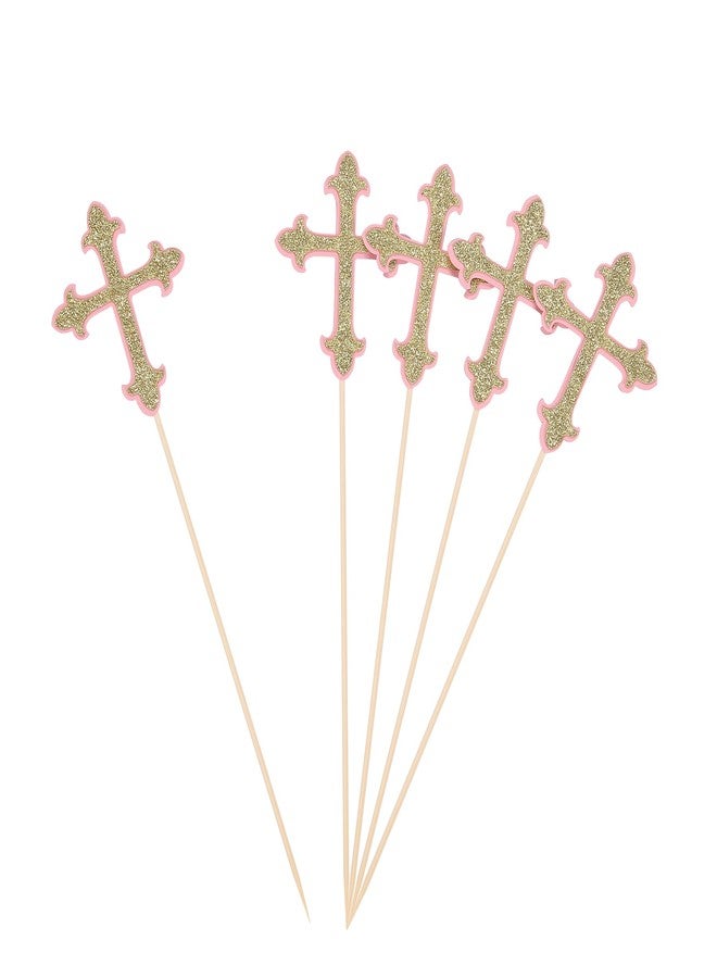 Giuffi 10PCS Glitter Cross Centerpiece Sticks for Baptism Christening Religious Party Table Toppers Baby Shower Girl Birthday Dessert Bar Decorations - Gold and Pink - Image 1
