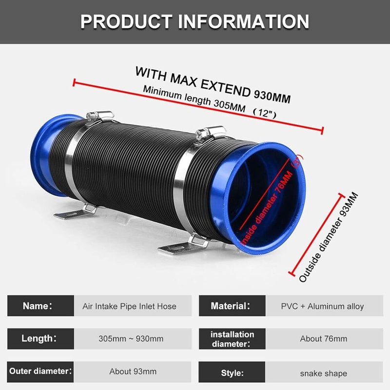 AUTO MT Turbine 76MM 3inch Adjustable Flexible Air Intake Pipe - Universal Car Cold Air Turbo Inlet Hose (Blue) - Image 2