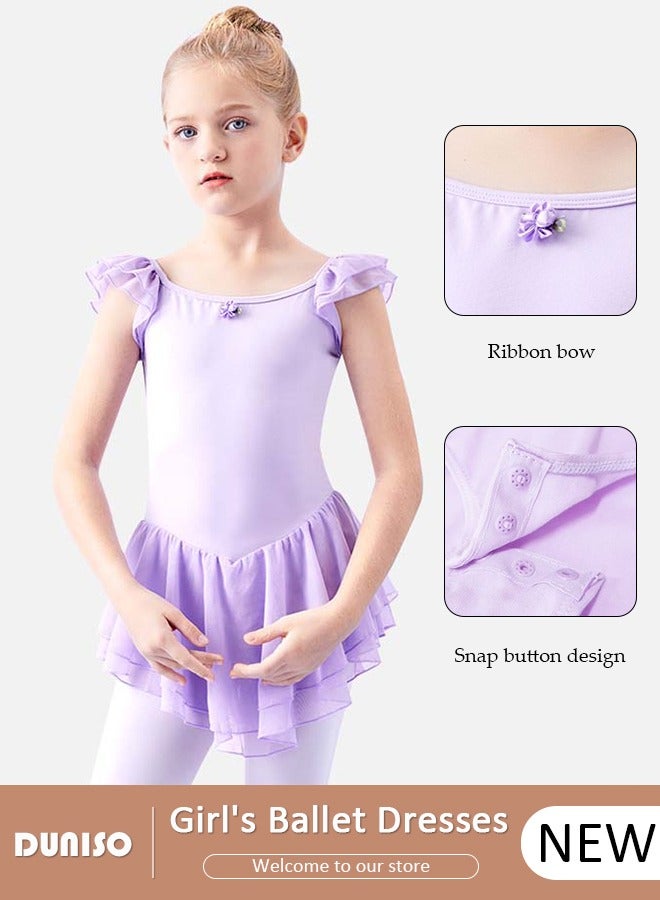 DUNISO Girls Ballet Dresses Leotards with Skirt Short Sleeves, Dance Dress Ballerina Tutu Outfit Cotton Dress Ballet Skirt, Mini Skirt Princess Dresses Dance Wear Clothes for Little Girl - Image 1