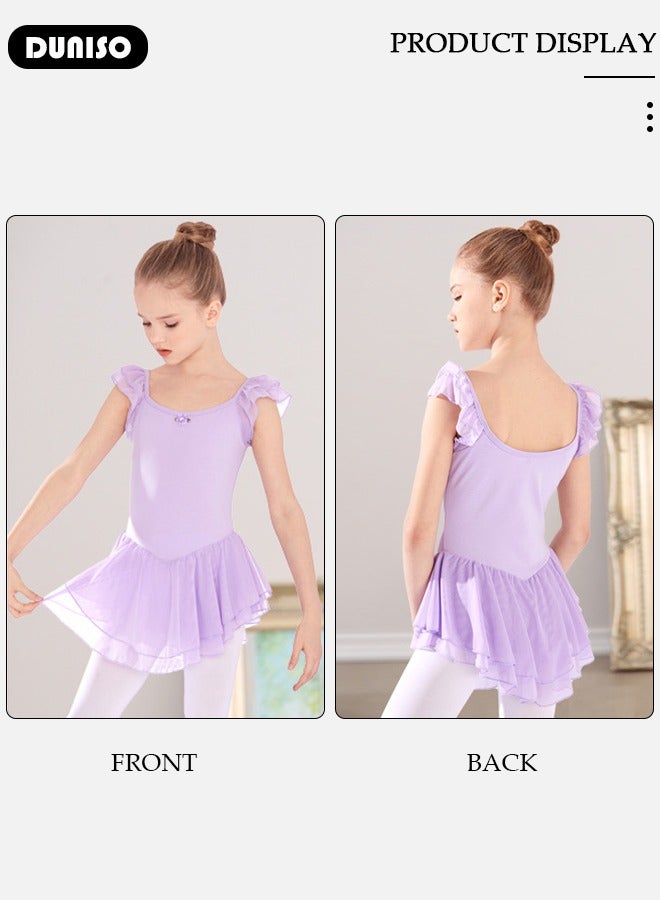 DUNISO Girls Ballet Dresses Leotards with Skirt Short Sleeves, Dance Dress Ballerina Tutu Outfit Cotton Dress Ballet Skirt, Mini Skirt Princess Dresses Dance Wear Clothes for Little Girl - Image 3