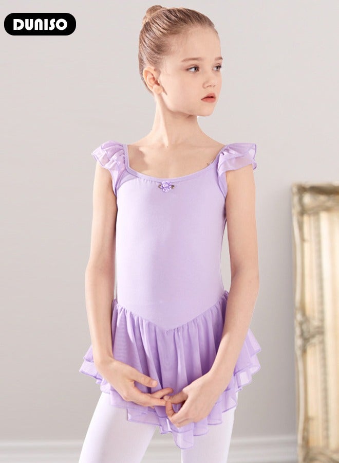 DUNISO Girls Ballet Dresses Leotards with Skirt Short Sleeves, Dance Dress Ballerina Tutu Outfit Cotton Dress Ballet Skirt, Mini Skirt Princess Dresses Dance Wear Clothes for Little Girl - Image 5