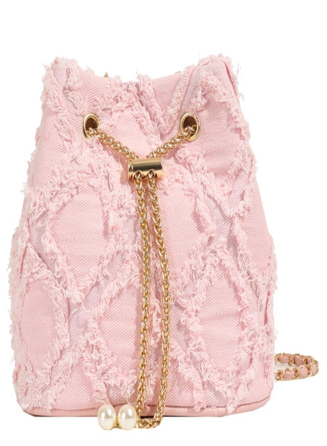 Extolove Denim Bucket Bag Quilted Drawstring Jean Purses for Women Denim Clutch Hobo Bags Crossbody Handbag, Pink - Image 1