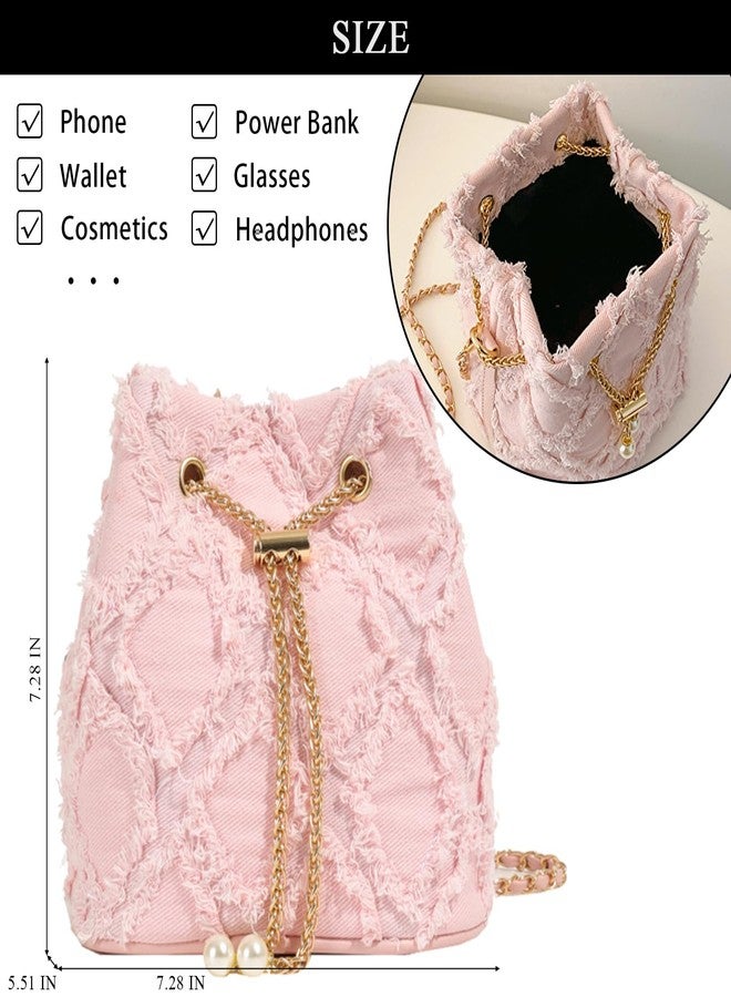 Extolove Denim Bucket Bag Quilted Drawstring Jean Purses for Women Denim Clutch Hobo Bags Crossbody Handbag, Pink - Image 4