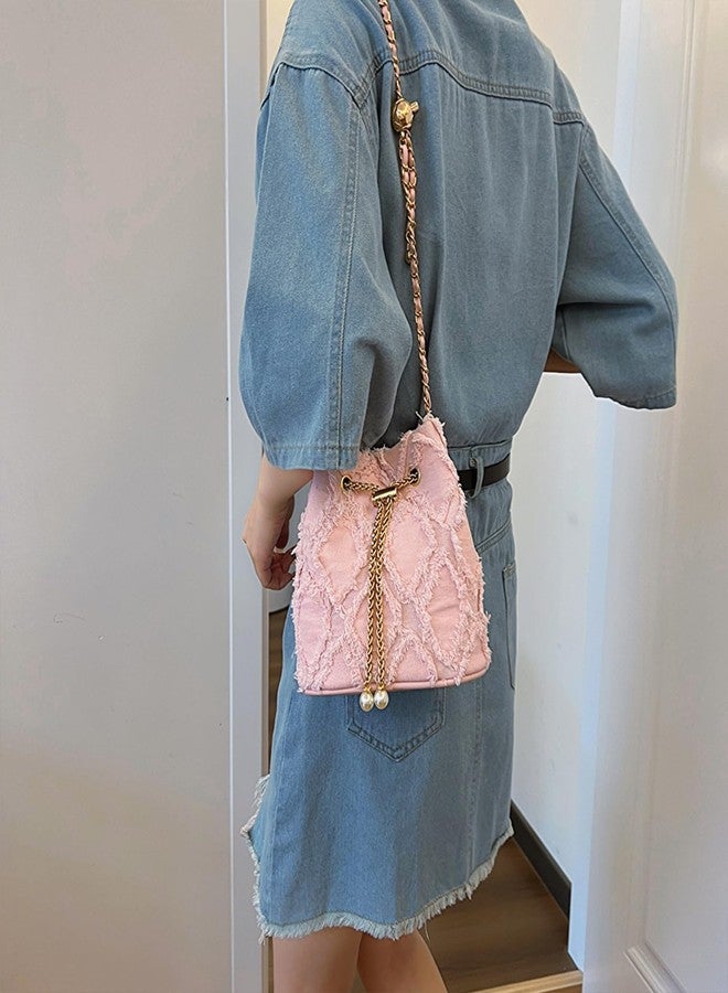 Extolove Denim Bucket Bag Quilted Drawstring Jean Purses for Women Denim Clutch Hobo Bags Crossbody Handbag, Pink - Image 3