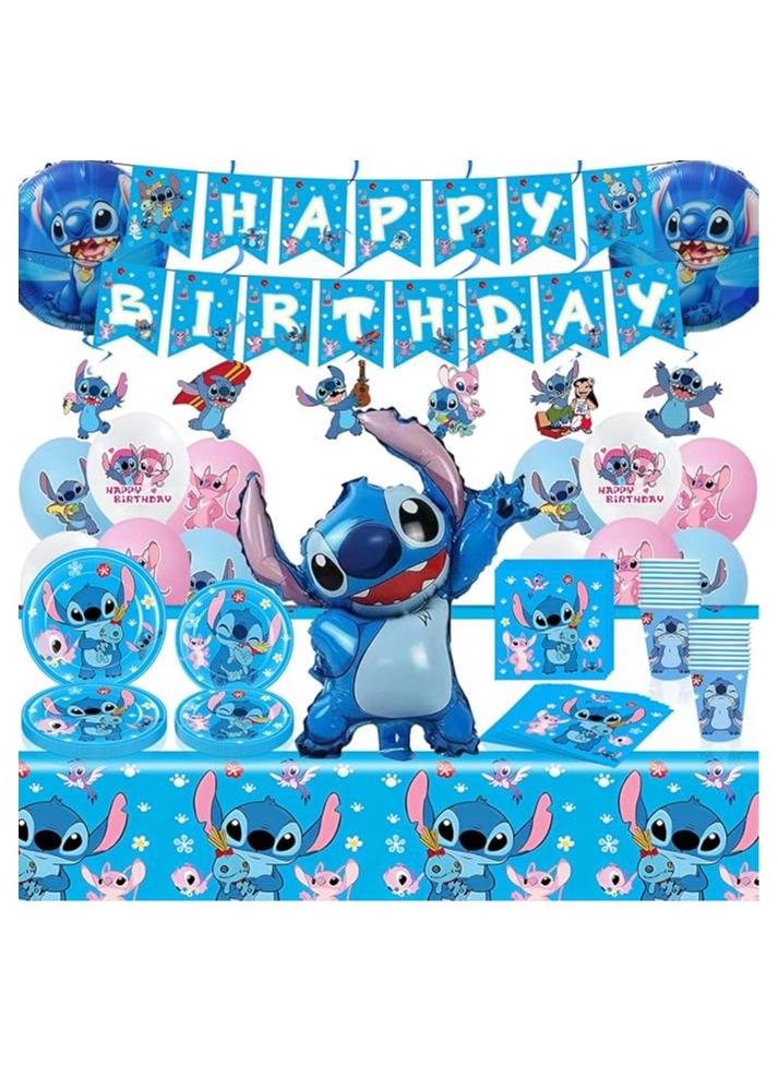 يكور حفلة عيد ميلاد ستيتش الأزرق – مجموعة ١٠٣ قطعة تشمل بانر، بالونات، أطباق، مناديل، أكواب وغطاء طاولة – زينة حفلات ليلو وستيتش - Image 1