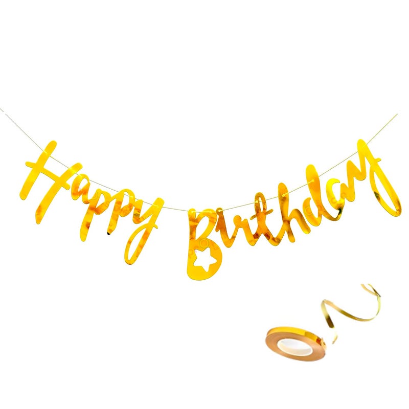 Propsicle Happy Birthday Cursive Banner Pack of 5 Golden Card Stock Letters with Ribbon Party Backdrop for Kids Boys Girls Adults Milestone Birthday Decorations Wall Window Mantel Dcor - Image 1
