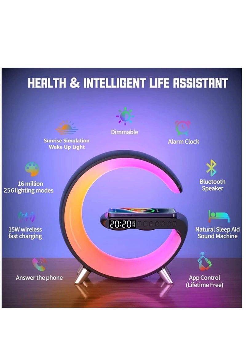 Wireless Charger Atmosphere Lamp, RGB Color Changing Mood Light with Time Display, 256 Modes and 16 Million Light Colors, Bluetooth Speaker Desk Lamp with Alarm Clock, Ideal Choice for Friends