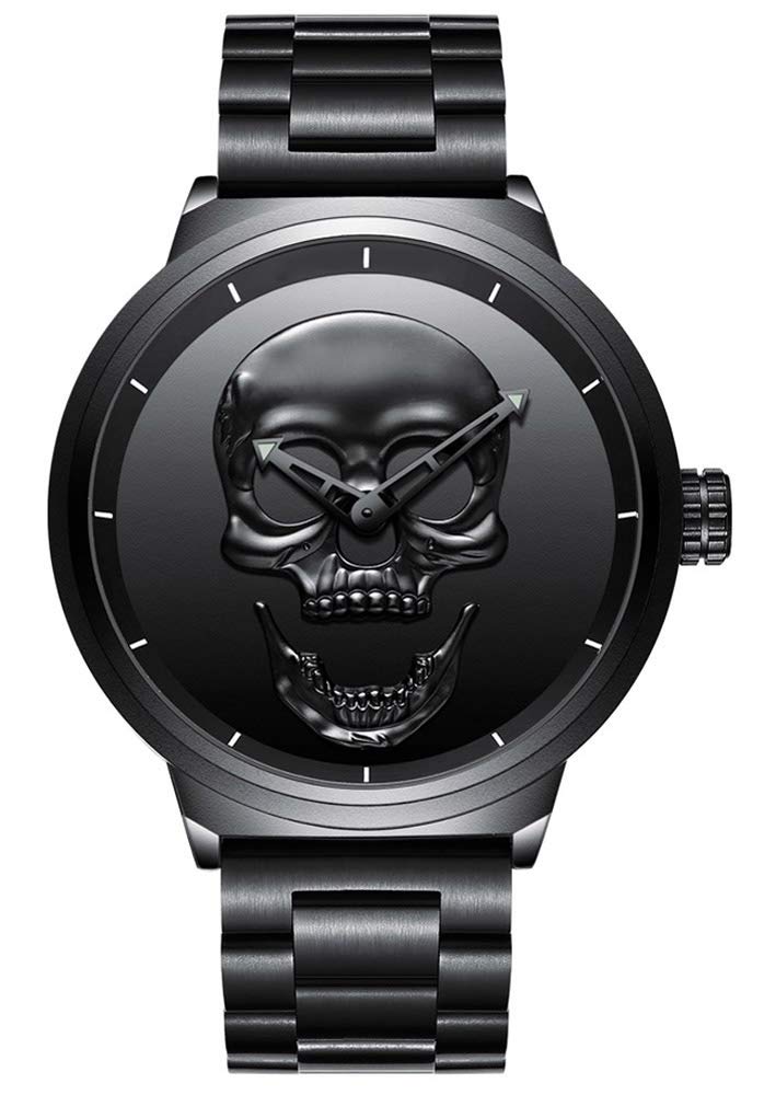 GIMTO Creative Mens 3D Skull Watch Cool Stainless Steel Big Dial Vintage Boy Quartz Military Wristwatch Black 3D Skull