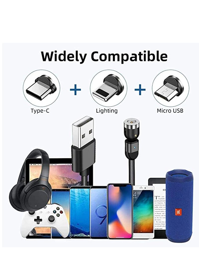 SYOSI - 360° & 180° Rotation Type Charging Cable, Nylon Braided Led Weak Magnet Charger Cable Fit for Micro Type-c iPhone Cable, Nylon and Thick Copper Core Black - Image 1