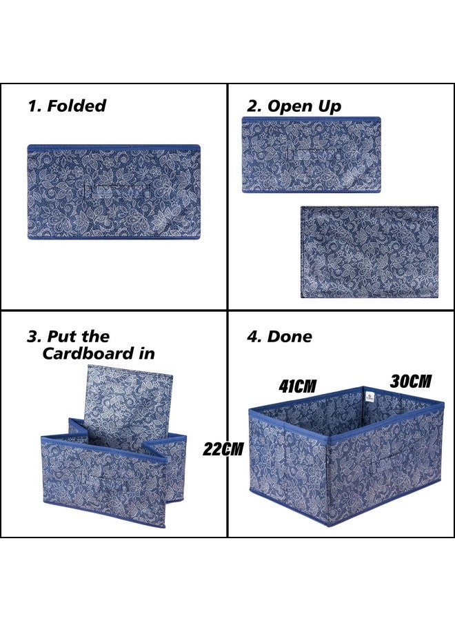 Kuber Industries Drawer Storage Box|Storage Bin for Clothes|Wardrobe Organizer for Books|Closet Box with Handle|Non-Woven Storage Box|Flower Printed Storage Box|Pack of 3|Navy Blue - Image 4