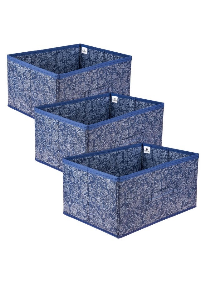 Kuber Industries Drawer Storage Box|Storage Bin for Clothes|Wardrobe Organizer for Books|Closet Box with Handle|Non-Woven Storage Box|Flower Printed Storage Box|Pack of 3|Navy Blue - Image 1